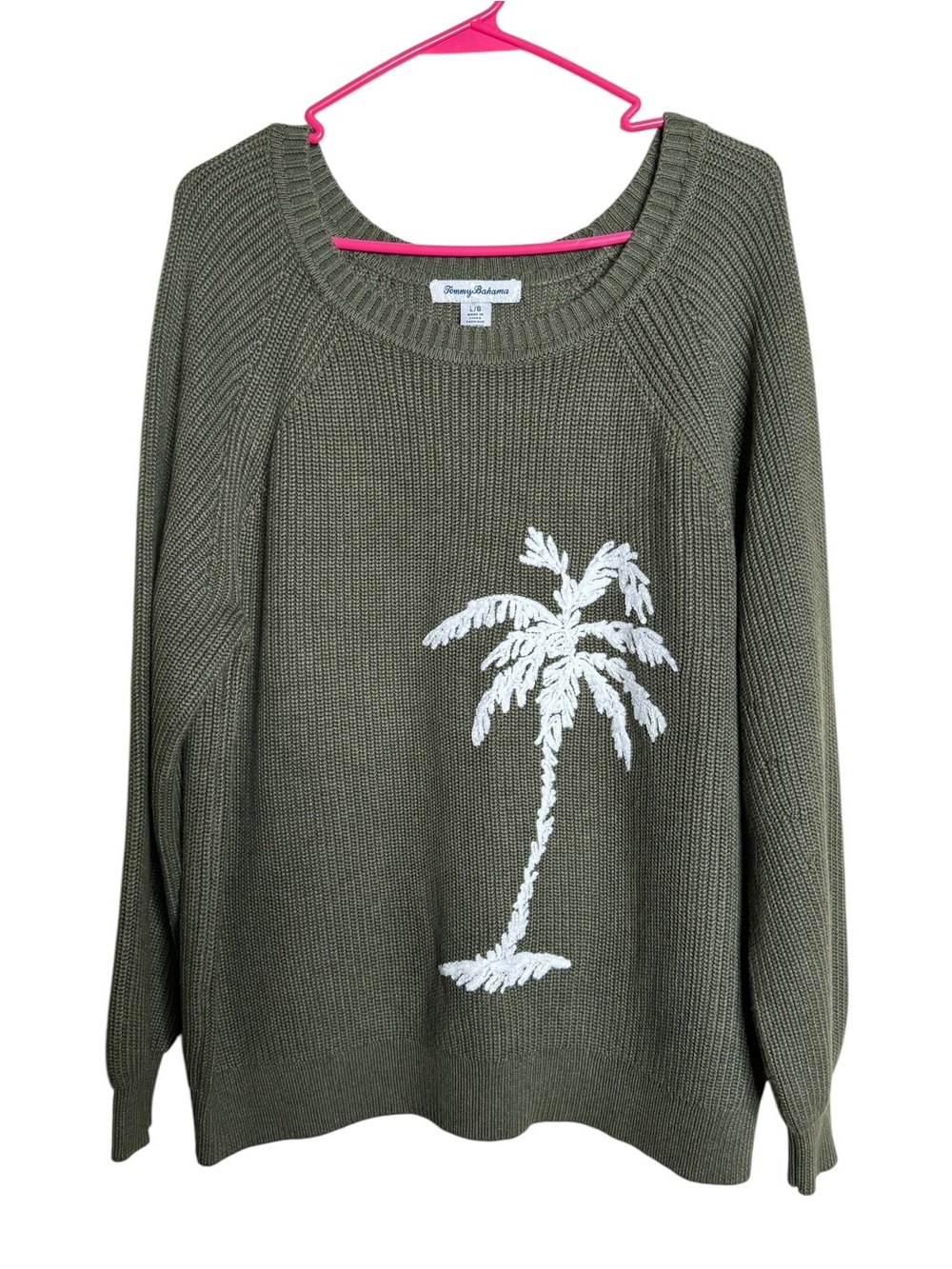 Tommy Bahama Olive Green Breezy Palm Tree Knit Pullover size L Embroidered
